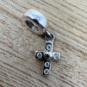 Pandora ALE Cross Dangle Charm Clear Gemstone 925 Sterling Silver Heart Bracelet